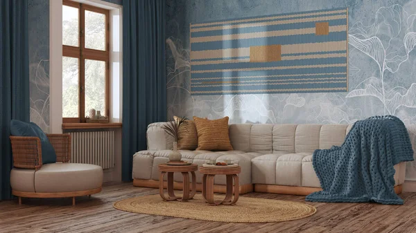 Farmhouse living room in blue and beige tones, rattan furniture, parquet floor and wallpaper. Boho interior design