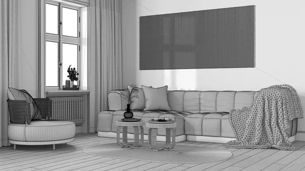 未完成の青写真プロジェクトの草案 農家のリビングルーム 籐製の家具 寄木細工の床と骨組みの壁の芸術 ボホのインテリアデザイン — ストック写真
