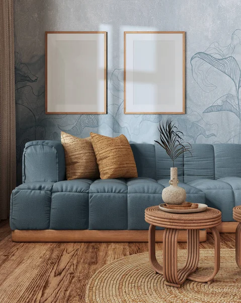 Frame Mockup Farmhouse Living Room Blue Beige Tones Parquet Rattan — Stock Photo, Image