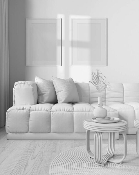 Total white project draft, frame mockup, farmhouse living room. Parquet and rattan furniture, sofa, wallpaper. Vintage interior design