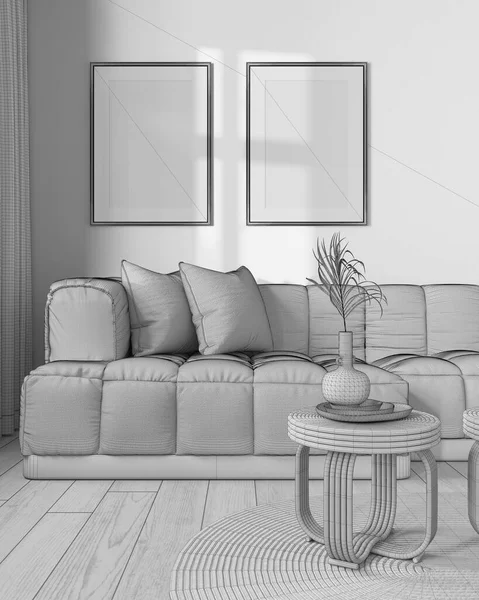 Blueprint unfinished project draft, frame mockup, farmhouse living room. Parquet and rattan furniture, sofa, wallpaper. Vintage interior design