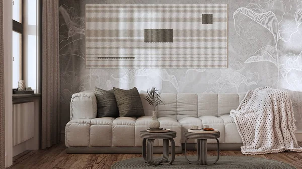 Vintage living room in dark and beige tones, rattan furniture, parquet floor and wallpaper. Farmhouse interior design