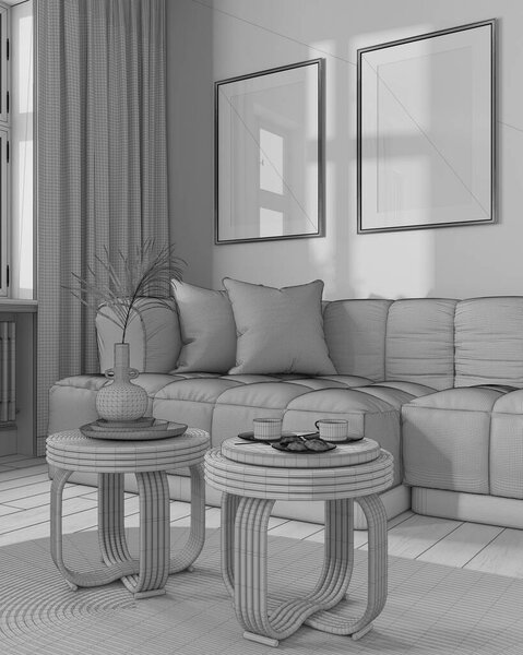 Blueprint unfinished project draft, frame mockup, wooden living room. Parquet and rattan furniture, fabric sofa, wallpaper. Farmhouse interior design