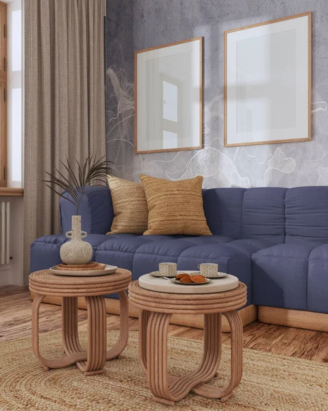 Frame Mockup Wooden Living Room Purple Beige Tones Parquet Rattan — Stock Photo, Image