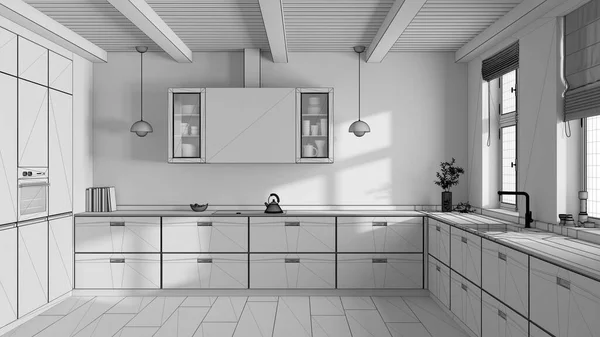 Blueprint unfinished project draft, minimalist wooden kitchen. Parquet floor and beams ceiling. Japandi interior design