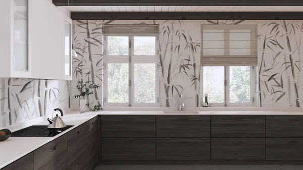 Japandi Houten Keuken Witte Donkere Tinten Parketvloer Balkenplafond Bamboe Behang — Stockfoto