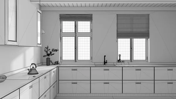 Blueprint unfinished project draft, japandi wooden kitchen. Parquet floor and beams ceiling. Panoramic windows. Minimalist interior design