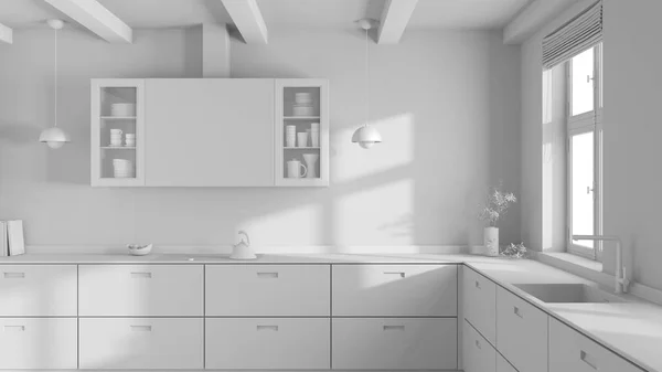 Totaler Weißer Projektentwurf Japanische Holzküche Parkettboden Und Balkendecke Minimalistisches Interieur — Stockfoto