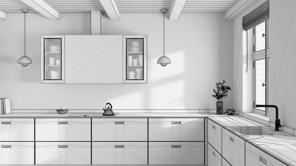 Blueprint unfinished project draft, wooden japandi kitchen. Parquet floor and beams ceiling. Minimalist interior design