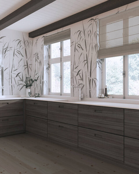 Minimalist Japandi Wooden Kitchen White Dark Tones Parquet Floor Beams — Stock Photo, Image