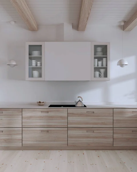 Μινιμαλιστική Λευκασμένη Ξύλινη Κουζίνα Λευκούς Τόνους Κοντινό Πλάνο Μπροστινή Όψη — Φωτογραφία Αρχείου