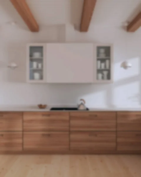 Fondo Borroso Cocina Madera Minimalista Tonos Blancos Oscuros Cerca Vista — Foto de Stock