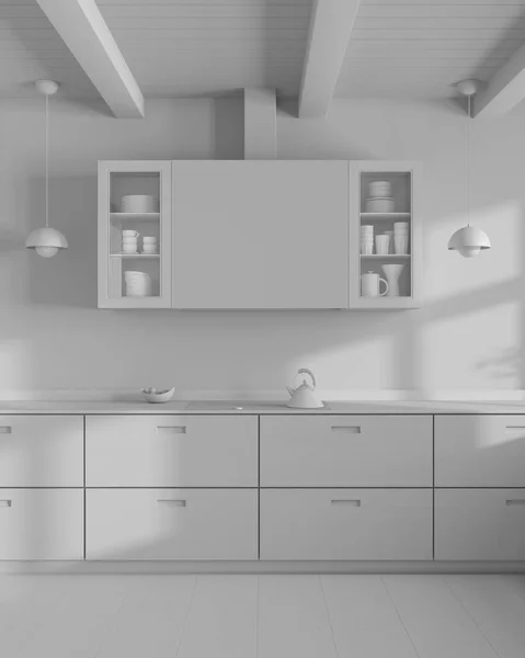 Total white project draft, minimalist wooden kitchen in white and dark tones. Close up, front view. Parquet floor and beams ceiling. Japandi interior design