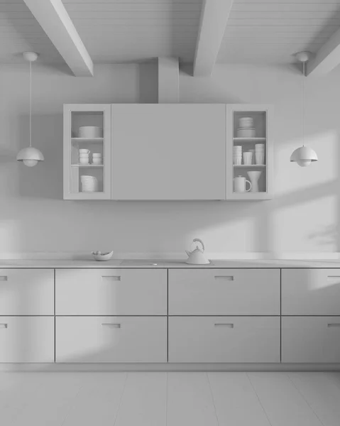 Proyecto Proyecto Blanco Total Cocina Madera Minimalista Tonos Blancos Oscuros — Foto de Stock