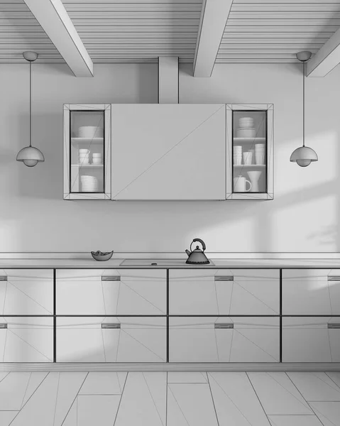 Blueprint unfinished project draft, minimalist wooden kitchen in white and dark tones. Close up, front view. Parquet floor and beams ceiling. Japandi interior design