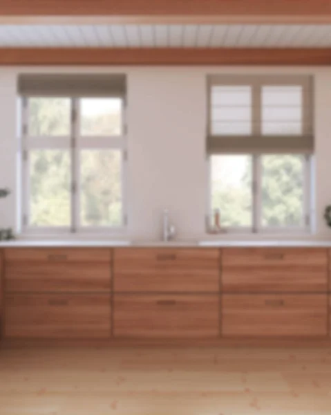 Zamazane Tło Minimalistyczna Drewniana Kuchnia Podłoga Parkietowa Belki Stropowe Okna — Zdjęcie stockowe