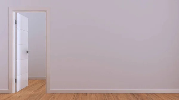 Open door on white wall, mock up with copy space. Empty room with parquet floor. Minimalist interior design