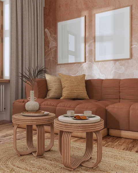 Frame Mockup Wooden Living Room Orange Beige Tones Parquet Rattan — Stock Photo, Image