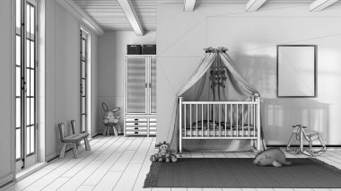 Tamamlanmamış proje taslağı, çerçeveli ahşap çocuk odası. Tepe örtüsü, halı ve oyuncaklar. Eski iç tasarım