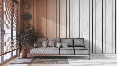 Mimari iç mimar konsepti: elle çizilmiş tamamlanmamış proje, kopya alanı olan oturma odası. Yastıklı kumaş kanepe. Çiftlik evi tarzı