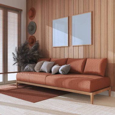 Ahşap oturma odası, çerçevesi turuncu tonlarda. Yastıklı kumaş kanepe, panjurlu pencere. Çiftlik evi iç tasarımı