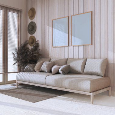 Ahşap oturma odası. Çerçevesi beyazlatılmış tonlarda. Yastıklı kumaş kanepe, panjurlu pencere. Çiftlik evi iç tasarımı