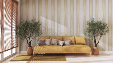 Japandi oturma odası, sarı tonlu fotokopi odası. Yastıklı kumaş kanepe, saksıda zeytin ağaçları. Çiftlik evi iç tasarımı