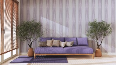 Japandi oturma odasında mor tonlarda fotokopi var. Yastıklı kumaş kanepe, saksıda zeytin ağaçları. Çiftlik evi iç tasarımı