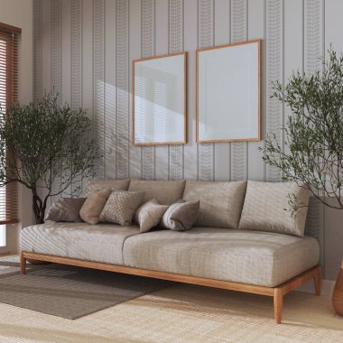 Japandi oturma odasında bej renkli çerçeveler var. Yastıklı kumaş kanepe, saksıda zeytin ağaçları. Çiftlik evi iç tasarımı