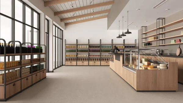 Grocery store interior design. Industrial floor, wooden furniture, loft style. Modern architecture