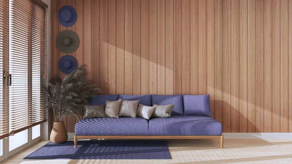 Mor tonlarda fotokopi alanı olan ahşap oturma odası. Yastıklı kumaş kanepe, panjurlu pencere. Çiftlik evi iç tasarımı