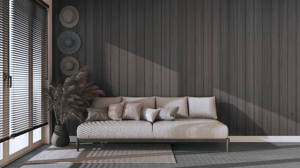 Karanlık tonlarda fotokopi alanı olan ahşap oturma odası. Yastıklı kumaş kanepe, panjurlu pencere. Çiftlik evi iç tasarımı