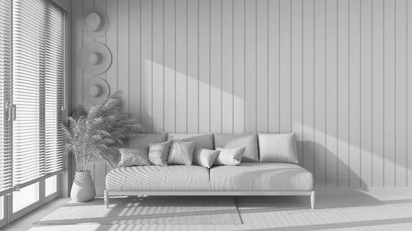 総白のプロジェクトの草案は コピースペースのリビングルーム 枕付きのファブリックソファ ベネチアンブラインド付きの窓 農家のインテリアデザイン — ストック写真