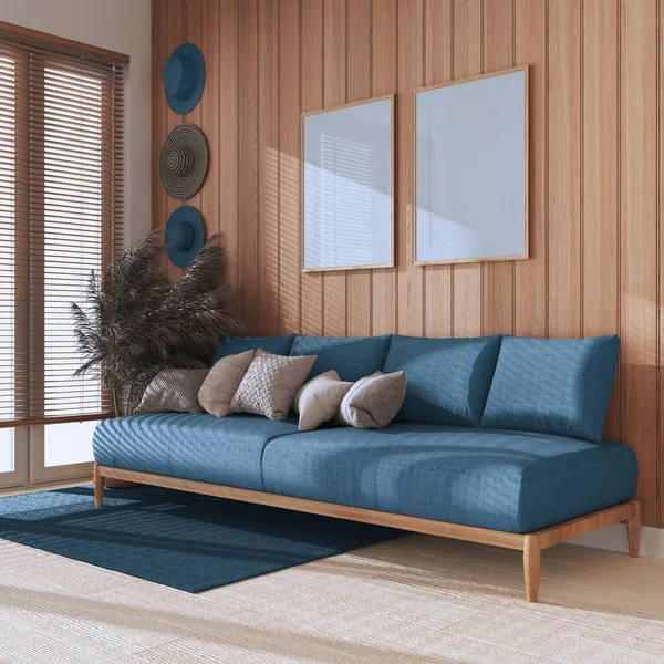 Wooden living room with frame mockup in blue tones. Fabric sofa with pillows, window with venetian blinds. Farmhouse interior design