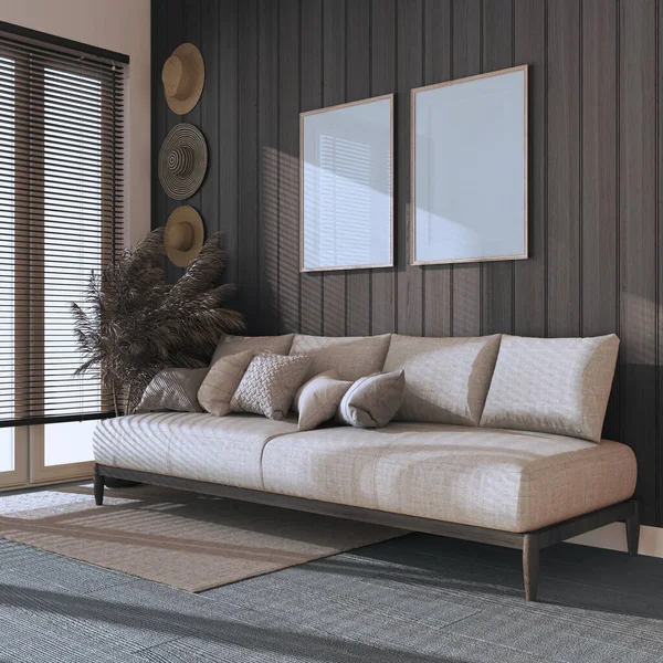 Holzwohnzimmer Mit Rahmen Attrappe Dunklen Tönen Stoffsofa Mit Kissen Fenster — Stockfoto