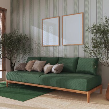 Japandi oturma odası, çerçevesi yeşil tonlarda. Yastıklı kumaş kanepe, saksıda zeytin ağaçları. Çiftlik evi iç tasarımı