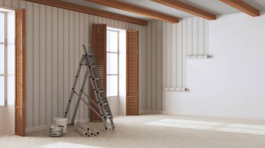 Beyaz duvarları, ahşap tavanı ve parke zemini olan boş bir oda. Duvarda çizgili duvar kağıtları ve fotokopi alanı var. Ev işi kavramı