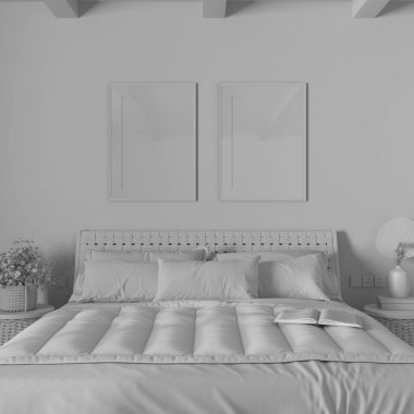 Tamamen beyaz proje taslağı, çerçeveli bir çiftlik evi yatak odası. Tahta mobilya ve kumaş yatak. Boho iç tasarımı