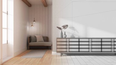 Mimar iç mimar konsepti: elle çizilmiş tamamlanmamış bir proje, Japonya 'nın oturma odası. Duvar maketi olan tahta çekmeceler.