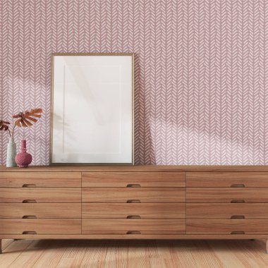 Beyaz ve kırmızı tonlarda çerçeve modelleri olan oturma odası. Ahşap çekmeceler ve japandi duvar kağıtları. Çiftlik evi iç tasarımı