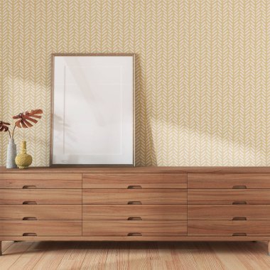 Beyaz ve sarı tonlarda çerçeve modelleri olan oturma odası. Ahşap çekmeceler ve japandi duvar kağıtları. Çiftlik evi iç tasarımı