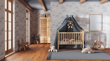 Ahşap bebek odası, duvar kağıtları gri, bej renkler ve çerçeve modeli. Tepe örtüsü, halı ve oyuncaklar. Eski iç tasarım