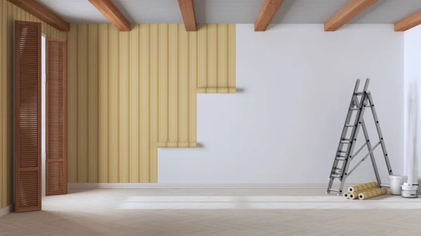 Habitación Vacía Con Paredes Blancas Techo Madera Suelo Parquet Cagadas — Foto de Stock