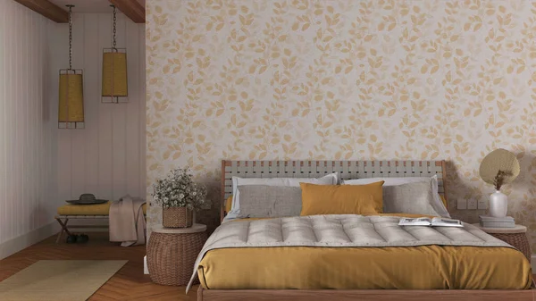 Tasarım Modeli Beyaz Sarı Tonlarda Çiftlik Evi Yatak Odası Ahşap — Stok fotoğraf