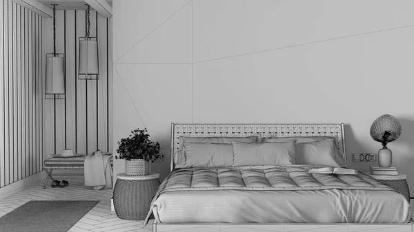未完成の青写真プロジェクトの草案 インテリアデザインのモックアップ 農家の寝室 木製の家具や白い壁 ボホのインテリアデザイン — ストック写真