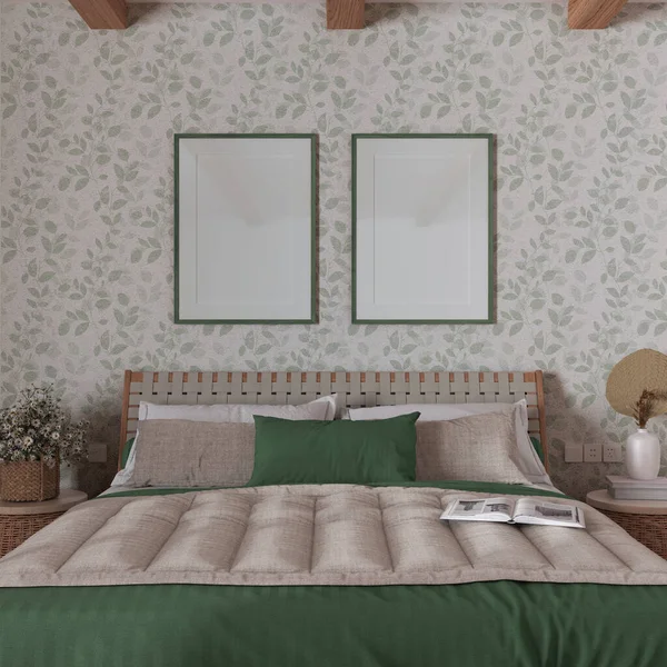 Farmhouse Bedroom Green Beige Tones Frame Mockup Wooden Furniture Wallpaper — Stock Photo, Image