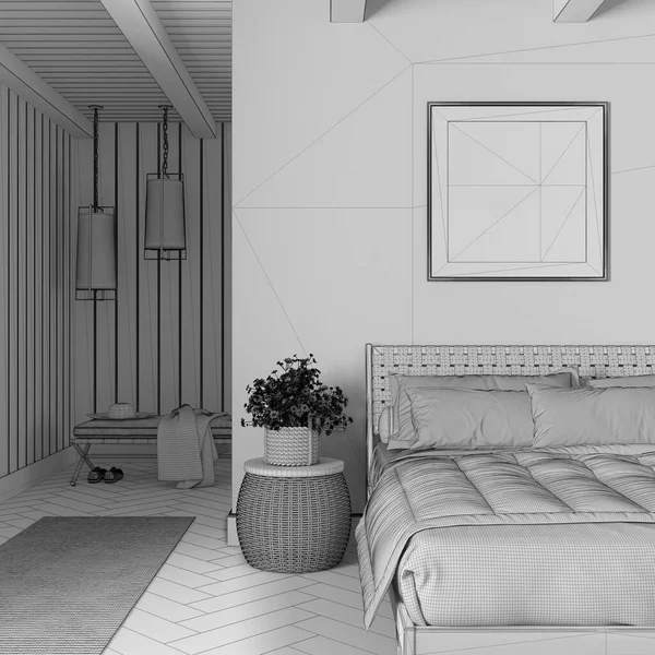 蓝图未完成的项目草稿 农舍居室与框架模型 木制家具和木地板 Boho室内设计 — 图库照片