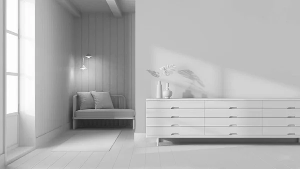 Totaler Weißer Projektentwurf Japanisches Wohnzimmer Holzkommode Mit Wandattrappe Parkettboden Moderne — Stockfoto