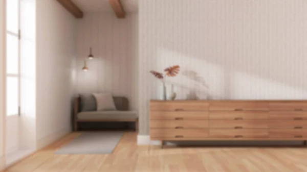 Unscharfer Hintergrund Japanisches Wohnzimmer Holzkommode Mit Wandattrappe Parkettboden Moderne Innenarchitektur — Stockfoto
