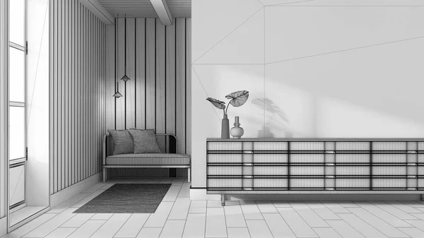 蓝图未完成的项目草稿 日本客厅 木箱抽屉 装有壁面模型 宴会厅 现代室内设计 — 图库照片